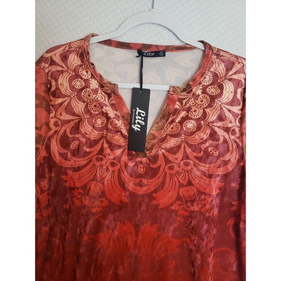 Lily by Firmiana Burnout Velvet Orange Short Sleeve V Neck Tunic Top. Size M NWT - Picture 5 of 9